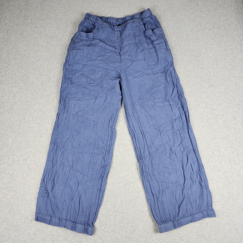 Tulip Pants Womens Small Blue Cotton Crinkle Gauze Boho Elastic Waist Wide Leg